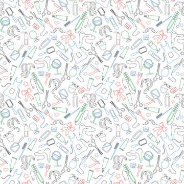 Seamless pattern on the theme of the Barber shop, the tools and accessories of the hairdresser,simple contour icons are drawn with colored markers on white background