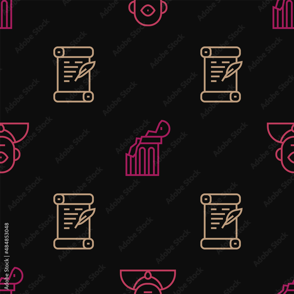 Poster set line cyclops, decree, parchment, scroll and broken ancient column on seamless pattern. vector