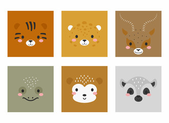 Cute cartoon animal faces set. Party decor for children. Childish print for cards, stickers, invitation, nursery decoration. Vector stock illustration.