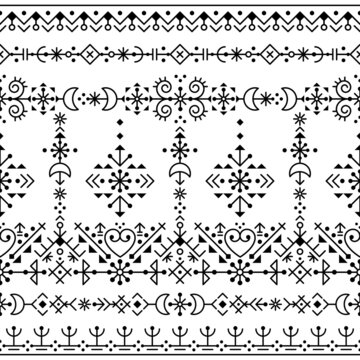 Icelandic style tribal line art vector seamless patten with hearts, moons and geometric shapes, textile or fabric print design inspired by Viking rune ornamnets
