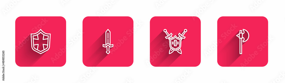 Poster set line shield, medieval sword, shield with swords and axe with long shadow. red square button. vec