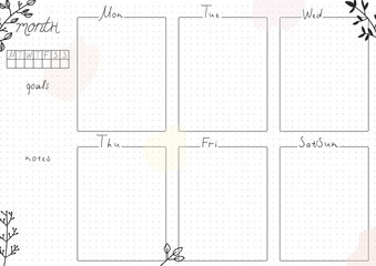 Printable A4 paper sheet, bullet journal page with hand drawn flowers and blank week planner, goals, events. Cute planner for daily planner template, blank for notebook.