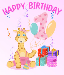 Cute card happy birthday with a giraffe for a girl 1 year old