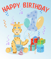 Cute card happy birthday with a giraffe for a boy 1 year old