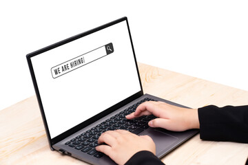 Blank white screen laptop computer with women hands