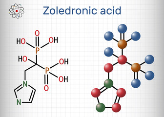 Zoledronic acid, zoledronate molecule. It is bisphosphonate, used to treat a number of bone diseases. Structural chemical formula and molecule model. Sheet of paper in a cage
