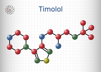 Timolol molecule. It is non-selective beta blocker medication for treatment of elevated intraocular pressure in ocular hypertension or glaucoma. Molecule model. Sheet of paper in a cage