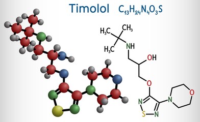 Timolol molecule. It is non-selective beta blocker medication for treatment of elevated intraocular pressure in ocular hypertension or glaucoma. Structural chemical formula, molecule model. Vector il