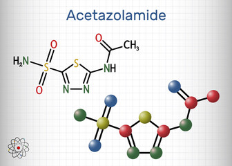 Acetazolamide molecule. It is carbonic anhydrase inhibitor used to treat edema, certain types of epilepsy, glaucoma. Structural chemical formula, molecule model. Sheet of paper in a cage