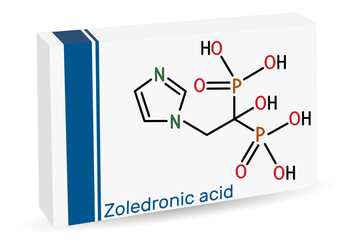 Zoledronic acid, zoledronate molecule. It is bisphosphonate, used to treat a number of bone diseases. Skeletal chemical formula. Paper packaging for drugs