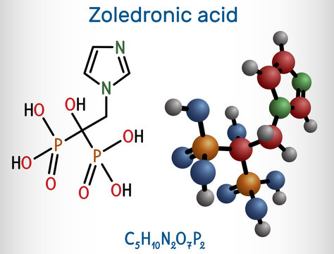 Zoledronic acid, zoledronate molecule. It is bisphosphonate, used to treat a number of bone diseases. Structural chemical formula and molecule model