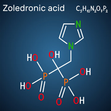 Zoledronic acid, zoledronate molecule. It is bisphosphonate, used to treat a number of bone diseases. Structural chemical formula on the dark blue background