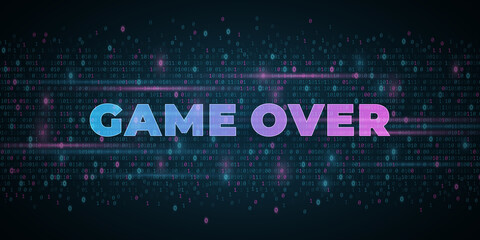 Game over screen with glowing binary code. Light effects. Modern background. Game concept. Vector illustration. EPS 10 - obrazy, fototapety, plakaty