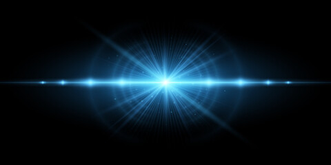 Modern light effect isolated on black background. Vector bright flash for your project. Lens flare and glare. Blue rays. Explosion star with sparks. EPS 10
