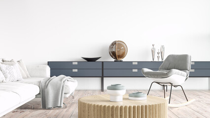 Modern stylish interior of the living room, a room with a staircase, wooden floor and a large window. 3D rendering