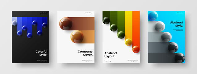 Abstract brochure A4 vector design template composition. Multicolored 3D spheres book cover layout set.