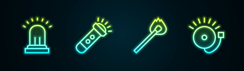 Set line Ringing alarm bell, Flashlight, Burning match with fire and . Glowing neon icon. Vector