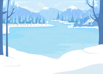 Frozen lake for skating surrounded by mountains flat color vector illustration. Winter retreat. Cold weather. Enjoying fresh snowfall. Snowy 2D simple cartoon landscape with mountains on background