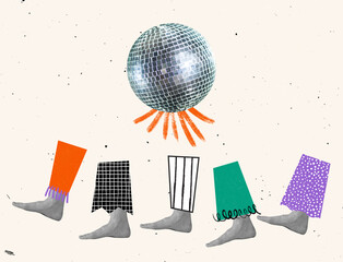 Human legs going to disco dancing. Surrealism. Minimalism, contemporary art collage. Inspiration, idea, trendy urban magazine style.