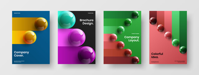 Abstract company brochure A4 design vector illustration collection. Amazing 3D spheres corporate identity layout set.