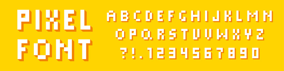 Pixel game alphabet. Pixel 3d retro font. 8-bit style. vector illustration