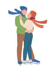 Naklejka premium Young couple enjoy skating together semi flat color vector characters. Standing figures. Full body people on white. Winter date simple cartoon style illustration for web graphic design and animation