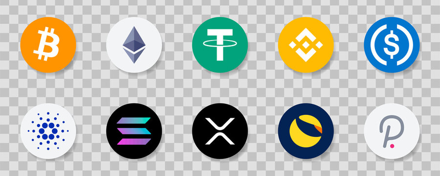 Cryptocurrency logo. A set of the best cryptocurrency token logos. Bitcoin, Ethereum, USDT, BNB, and other. Editorial vector illustration