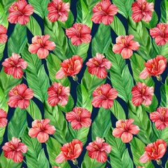 Foto op Plexiglas Tropical seamless pattern with hibiscus, palm banana leaves. Watercolor print design. Dark bright background  © Hanna