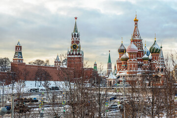 View of the Moscow Kremlin and St. Basil's Cathedral from Zaryadye Park in Moscow
