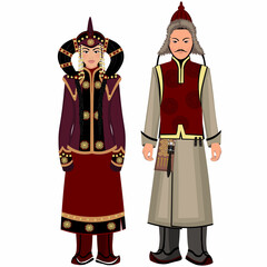 Woman and man in folk national Mongolian costumes. Vector illustration
