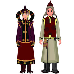 Woman and man in folk national Mongolian costumes. Vector illustration