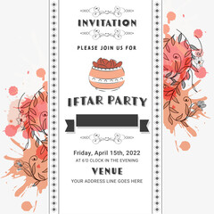 Iftar Party Invitation Card With Watercolor Effect And Floral Decorated On White Background.
