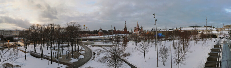 panorama view of the Moscow Kremlin and St. Basil's Cathedral from Zaryadye Park