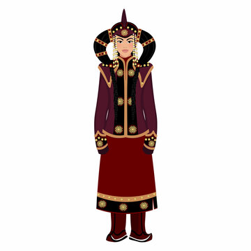 Woman In Folk National Mongolian Costume. Vector Illustration