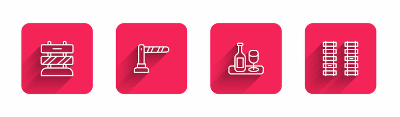 Set line End of railway tracks, Railway barrier, Wine bottle with glass and Railway, railroad with long shadow. Red square button. Vector