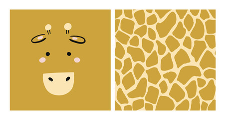 Giraffe graphics. Hand drawn card with cute giraffe face and african giraffe skin pattern. Seamless background. Kids giraffe animal character. Baby poster, nursery wall art, card, room decoration. - 484855868