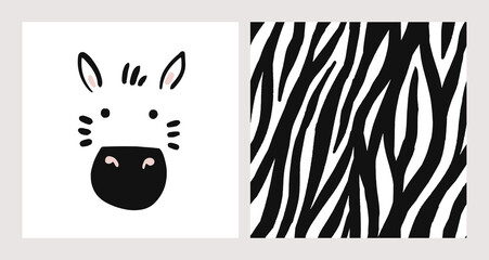 Zebra face and zebra skin pattern. Hand drawn card with cute zebra face and african pattern. Seamless background. Kids zebra animal character. Baby poster, nursery wall art, card, room decoration. - 484855870