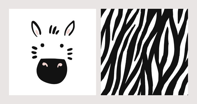 Zebra face and zebra skin pattern. Hand drawn card with cute zebra face and african pattern. Seamless background. Kids zebra animal character. Baby poster, nursery wall art, card, room decoration.