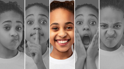 Emotional teenager girl expressing various facial expressions and gestures, creative image,...