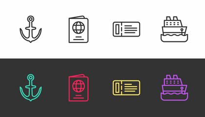 Fototapeta premium Set line Anchor, Passport, Cruise ticket and ship on black and white. Vector