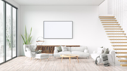 Modern beautiful interior room with a white painting. Clean and lightweight design with wooden floors and light walls. 3d rendering