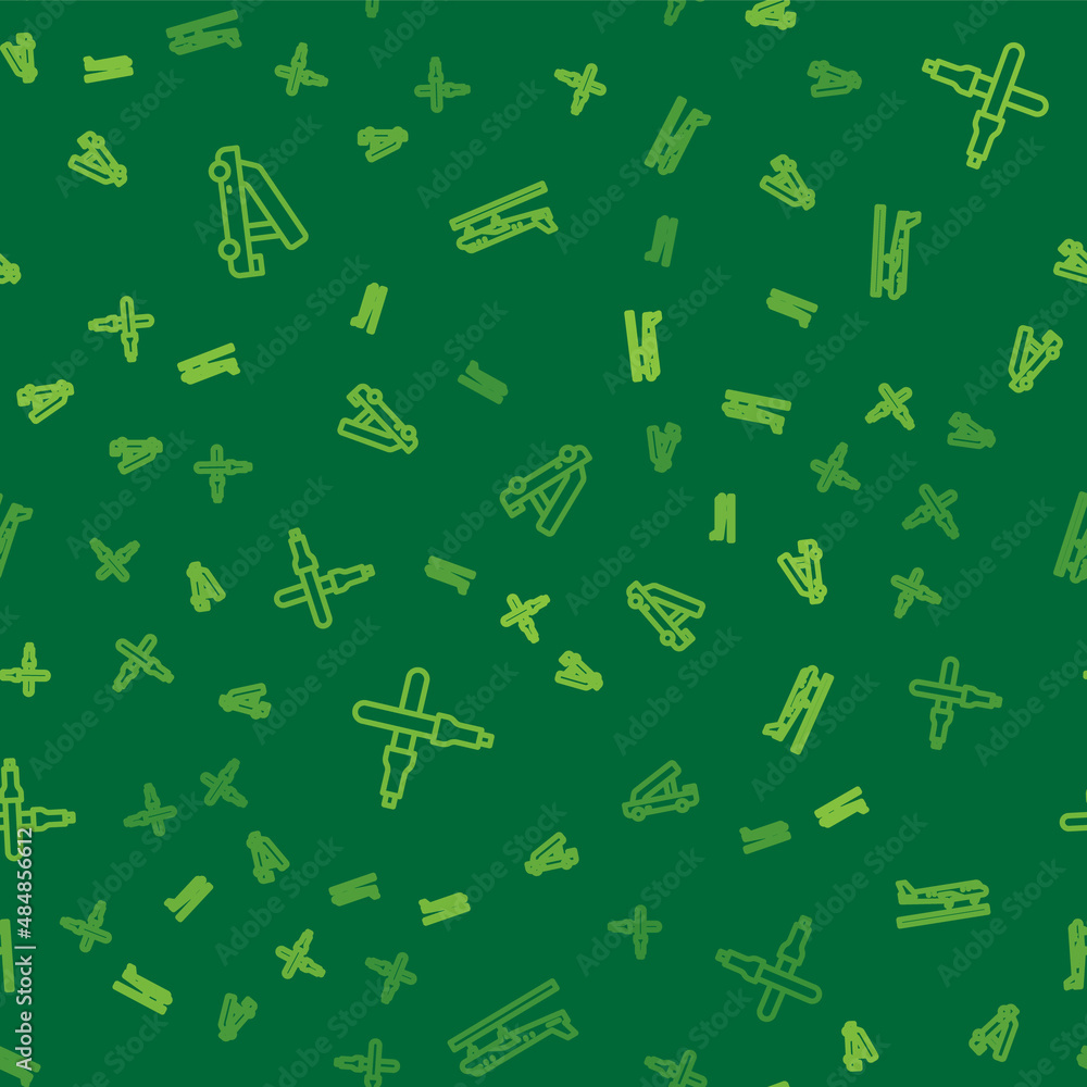 Poster set line passenger ladder, marshalling wands and plane on seamless pattern. vector