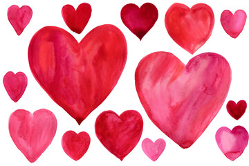 set of watercolor scarlet hearts on a white background. valentine's day, love