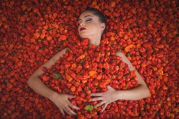 Beautiful woman lying in a bunch of hot peppers carolina reaper
