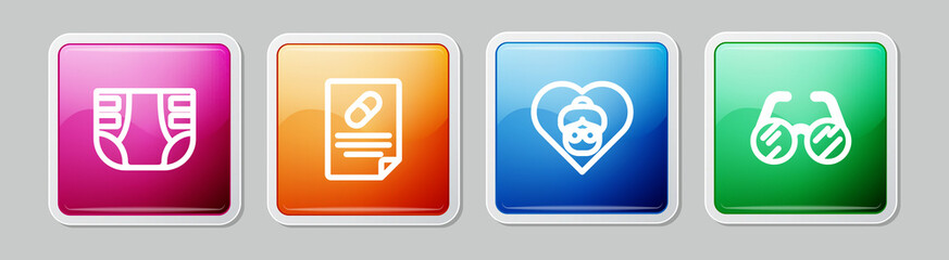 Set line Adult diaper, Medical prescription, Grandmother and Eyeglasses. Colorful square button. Vector