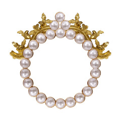 Pearl and golden frame for paintings, mirrors or photo isolated on white background. Design element with clipping path
