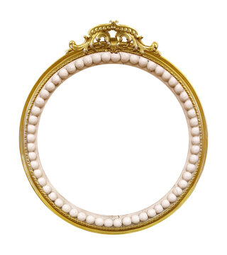Golden round frame for paintings, mirrors or photo isolated on white background. Design element with clipping path
