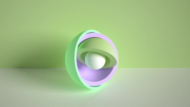3d minimal motion design, ball hidden inside colorful hemispheres, layers opening. Simple geometric objects, primitive shapes isolated on green background. Live image, modern animated poster