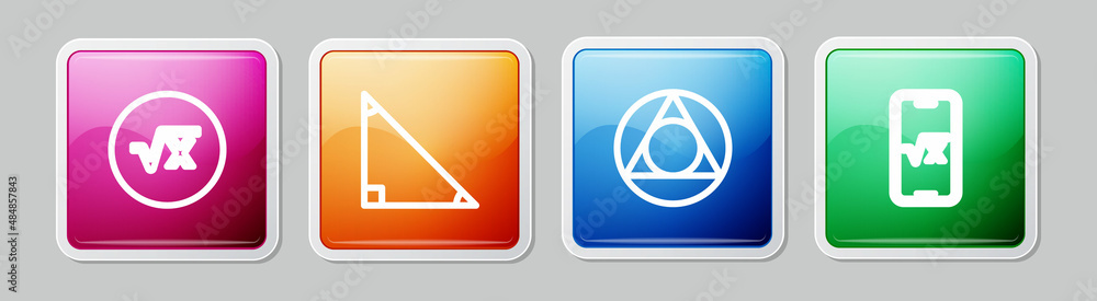 Poster set line square root of x glyph, triangle math, and . colorful square button. vector