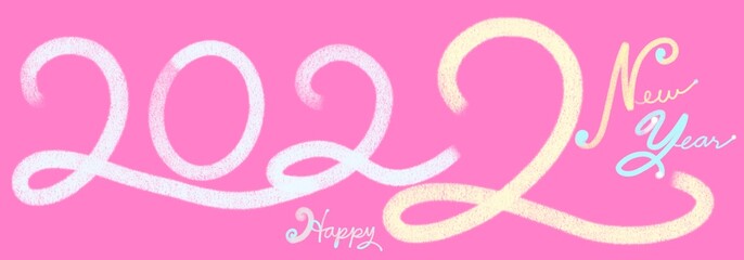 New Year 2022 Celebration school class greeting on teacher's chalkboard. colored chalk numbers on pink background. Digital drawing with procreate